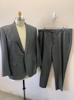 BERTOLINI , Dk Gray, Wool, Silk, Oxford Weave, Suit Jacket, 2 Buttons, 2 Pockets, Notched Lapel, 4 Button Sleeves, Double Vent