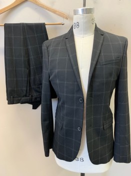 H&M, Black, White, Polyester, Grid , Single Breasted, 2 Buttons,  Narrow Notched Lapel, 3 Pockets, Slim
