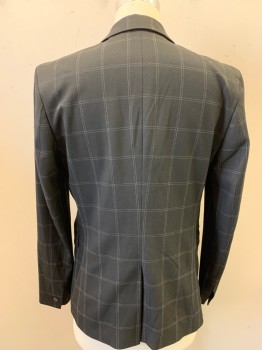 H&M, Black, White, Polyester, Grid , Single Breasted, 2 Buttons,  Narrow Notched Lapel, 3 Pockets, Slim