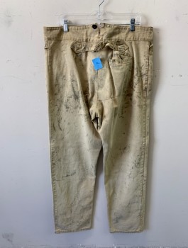 Mens, Historical Fiction Pants, N/L, Beige, Cotton, Solid, 38/35, Button Fly, 4 Pockets, Flat Front, Buttons at Waistband, *Aged/Distressed*