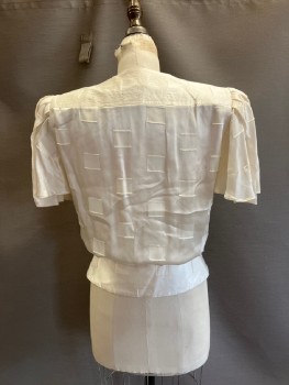 ROBINSON'S, Cream, Silver, Polyester, Lurex, Squares, Jacquard, Surplice V-N, Wide Waistband with Off Center 4 Button Loop Closure, Pleats Gathered At Ends Of Waistband, Stitched Detail At Yoke, Shoulder Pads, Pleats At Shoulders Into Short Flutter Sleeves