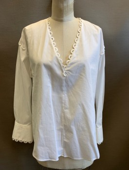SANDRO, White, Cotton, Solid, L/S, V-Neck, Looped White Applique Trim at Edges, Pullover, Multiples