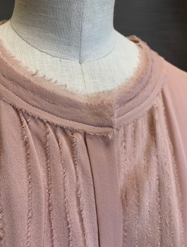 Womens, Blouse, ELIE TAHARI, Dusty Rose Pink, Silk, Solid, XS, Chiffon, L/S, Button Front, Round Neck, Sheer Chiffon Vertical Pleats at CF with Raw Frayed Edges