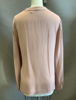 Womens, Blouse, ELIE TAHARI, Dusty Rose Pink, Silk, Solid, XS, Chiffon, L/S, Button Front, Round Neck, Sheer Chiffon Vertical Pleats at CF with Raw Frayed Edges
