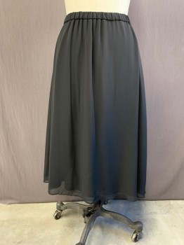Womens, Skirt, Below Knee, ALEX, Black, Polyester, Solid, M, Elastic Gathered Waistband, Chiffon Over Solid Black Lining