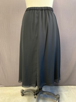 Womens, Skirt, Below Knee, ALEX, Black, Polyester, Solid, M, Elastic Gathered Waistband, Chiffon Over Solid Black Lining