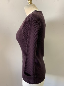 Womens, Sweater, R, Aubergine Purple, Acrylic, Solid, S, Button Front, Rib Knit, 3/4 Sleeves with Cuffs