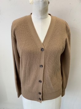 Womens, Sweater, APC, Tan Brown, Wool, Cashmere, Solid, B38, Long Sleeves, Button Front, 5 Buttons, Rib Knit