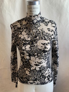 Womens, Top, CLASSIQUES ENTIER, Black, Tan Brown, Nylon, Floral, M, Mesh Floral, Solid Tan Mesh Lining, Mock Turtleneck , Long Sleeves with Slight Bell