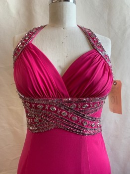 Womens, Evening Gown, HAILEY LOGAN, Hot Pink, Synthetic, Sequins, Solid, 12, Surplice Bust, Sleeveless, Open Back with Crossed Straps, Sequin & Buggle Bead Detailing