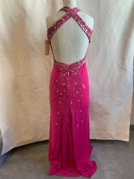 Womens, Evening Gown, HAILEY LOGAN, Hot Pink, Synthetic, Sequins, Solid, 12, Surplice Bust, Sleeveless, Open Back with Crossed Straps, Sequin & Buggle Bead Detailing