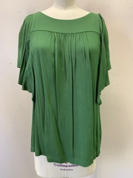 Womens, Blouse, MAEVE, Dk Green, Viscose, Solid, S, S/S, Round Neck, Flared Sleeves, Pleated,