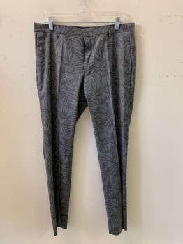 Mens, Suit, Pants, TOPMAN, Gray, Charcoal Gray, Polyester, Wool, Leaves/Vines , 34/32, F.F, Side Pockets, Zip Front, Belt Loops