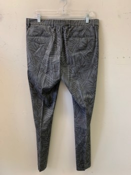 Mens, Suit, Pants, TOPMAN, Gray, Charcoal Gray, Polyester, Wool, Leaves/Vines , 34/32, F.F, Side Pockets, Zip Front, Belt Loops