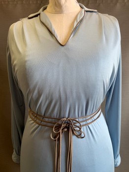 Ayres, Lt Blue, Brown, Polyester, Solid, L/S, C.A., Pleated Shoulders, Brown Trim, Elastic Waist Band with Ties