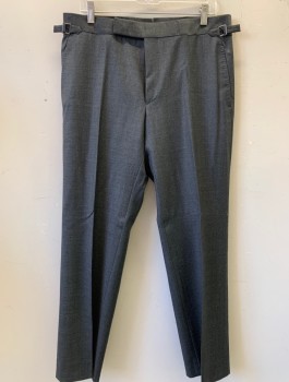 Mens, Suit, Pants, TOM FORD, Gray, Wool, Solid, 34/31, F.F,  Adjustable Side Buckle Tabs, Straight Side Pockets