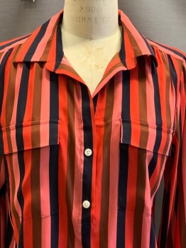 Womens, Blouse, ANN TAYLOR, Red, Black, Brown, Rose Pink, Polyester, Stripes, M, L/S, 2 Buttons, Collar Attached, 2 Chest Pocket, Side Slits,