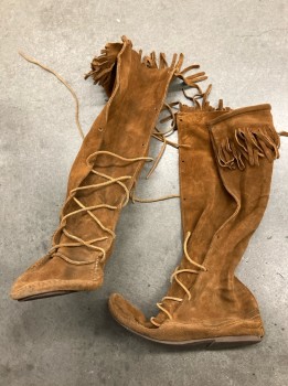 N/L, Tan Brown, Suede, Lace Up, Tall Moccasins, Fringe Top