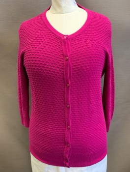 MERONA, Magenta Pink, Cotton, Solid, Bumpy Textured Knit, 3/4 Sleeves, Scoop Neck, Button Front