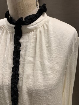 ZARA, Off White, Black, Polyester, Solid, Color Blocking, L/S, Hook N Eye At Back Neck, Teardrop Opening, Band Collar, Ruffle Trim At Neck And Cuffs, Ruffle Bows At Center Front **Make Up Stains On Shoulder