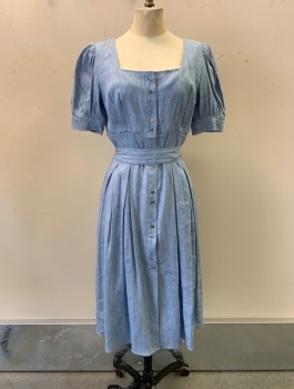 Womens, Dress, Short Sleeve, EIGHT DREAMS, Denim Blue, Polyester, Solid, Heathered, W30, B34, Square Neck, Button Front, Ss, Pleated, 2 Button Cuffs, Matching Belt