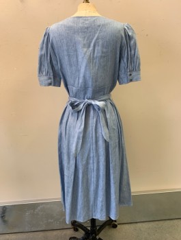Womens, Dress, Short Sleeve, EIGHT DREAMS, Denim Blue, Polyester, Solid, Heathered, W30, B34, Square Neck, Button Front, Ss, Pleated, 2 Button Cuffs, Matching Belt