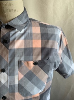 ZOO YORK, Peach Orange, Gray, Lt Gray, Cotton, Polyester, Plaid, Button Front, Collar Attached, 2 Patch Pocket