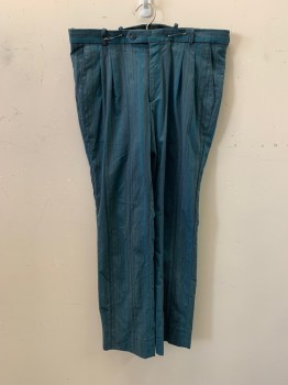 N/L, Teal Green, Cerulean Blue, Black, Synthetic, Wool, Stripes, Pleated Front, Zip Fly, Bttn. Closure, Belt Loops, MULTIPLES