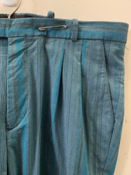 N/L, Teal Green, Cerulean Blue, Black, Synthetic, Wool, Stripes, Pleated Front, Zip Fly, Bttn. Closure, Belt Loops, MULTIPLES