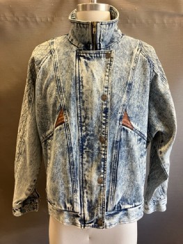 RUTH DOUGLAS , Blue, Cotton, Acid Wash, Mock Neck, Zip Front, & Snap Front, 2 Pckts, Leather Trim On Front, Quilted On Upper Sleeves, Elastic Waistt