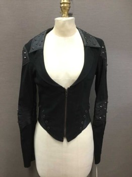 Womens, Casual Jacket, LIP SERVICE, Black, Cotton, Faux Leather, Solid, S, Studded Collar/Shoulder/Elbow Patches, Rounded Notched Lapel, Zip Front, Zip Sleeves, Lace Up Back