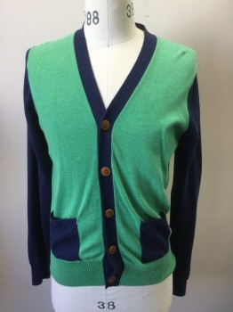 Mens, Cardigan Sweater, BROOKS BROTHERS, Green, Cotton, Color Blocking, S, with Navy Sleeves/Placket/2 Pckts, Brown Buttons, Ribbed Knit Waistband/Cuff