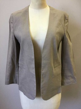 Womens, Blazer, THEORY, Tan Brown, Linen, Viscose, Solid, 4, Thin Blazer, No Collar, Open Front, 3/4 Sleeve, 2 Pockets, Doubles, Barcode in Right Shoulder
