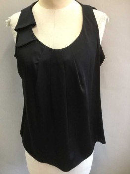 NINE WEST, Black, Polyester, Spandex, Solid, Satin, Sleeveless, Scoop Neck, Pleated Detail At Neckline, Ruffles At One Shoulder