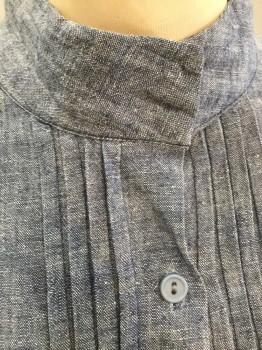 N/L, Denim Blue, Navy Blue, Lt Blue, Cotton, Solid, Chambray Like Material, Long Sleeve Button Front, Stand Collar, Pleated At Center Front Button Placket, Pleated Vent Detail At Center Back Hem, Made To Order,