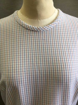 ROUTE 0, White, Blue, Red, Polyester, Plaid - Tattersall, Sleeveless, Round Neck,  Dropped Waist W/2 Hip Pockets, Pleats Below Pockets, Hem Below Knee, Zipper At Center Back,