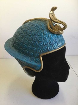 Unisex, Historical Fiction Headpiece, NO LABEL, Teal Blue, Gold, Plastic, L200FOAM, Molded with Geometric Pattern, Gold Cobra Front and Center, Gold Trim