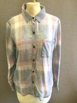 Womens, Blouse, RAILS, Lt Gray, Pink, Gray, Cotton, Plaid, S, Faded Look, Long Sleeve Button Front, Collar Attached, 1 Pocket