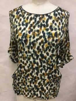 Womens, Blouse, ZARA BASIC, Cream, Teal Blue, Amber Yellow, Black, Polyester, Abstract , M, Cream W/teal Blue, Amber, Black Splotched All Over, Black Piping Trim Round Neck,  Short Sleeves Cuffs and on 2 Pockets Front, V-back W/2 Straps Across