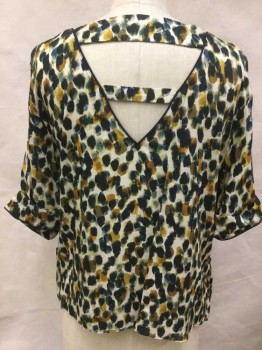 Womens, Blouse, ZARA BASIC, Cream, Teal Blue, Amber Yellow, Black, Polyester, Abstract , M, Cream W/teal Blue, Amber, Black Splotched All Over, Black Piping Trim Round Neck,  Short Sleeves Cuffs and on 2 Pockets Front, V-back W/2 Straps Across