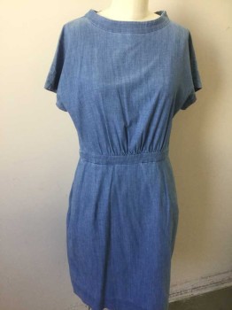 COS, Blue, Gray, Cotton, Heathered, Wide Neck W/self Seam, Cap Sleeves, 1" Waistband, Zip Back, 2 Side Skirt Pocket