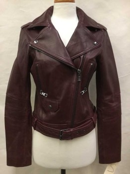 Womens, Leather Jacket, NO LABEL, Red Burgundy, Leather, Small, Motorcycle Style, Asymmetrical Zipper, Zip Pockets, Belt Attached