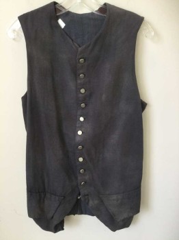 Mens, Historical Fiction Vest, N/L, Gray, Cotton, Solid, 36, Single Breasted, U-Neck, 11 Silver Metal Buttons, 2 Flap Pockets at Hips,Tabbed Detail at Back Hem, Made To Order,  **Lightly Aged/Dusty Throughout, Patched at Back Shoulder