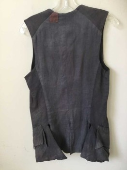 Mens, Historical Fiction Vest, N/L, Gray, Cotton, Solid, 36, Single Breasted, U-Neck, 11 Silver Metal Buttons, 2 Flap Pockets at Hips,Tabbed Detail at Back Hem, Made To Order,  **Lightly Aged/Dusty Throughout, Patched at Back Shoulder