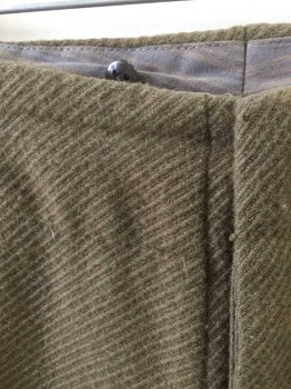 Mens, Historical Fiction Pants, N/L, Olive Green, Wool, Solid, Ins:31, W:28, Diagonal Ribbed Texture, Button Fly, 2 Side Seam Pockets, Made To Order Reproduction,Old West