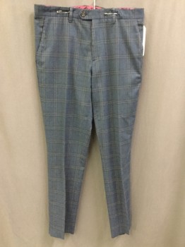 Mens, Slacks, N/L, Dusty Blue, Olive Green, Polyester, Plaid, 31, 34, Flat Front, Zip Front, 4 Pockets, Button Tab,