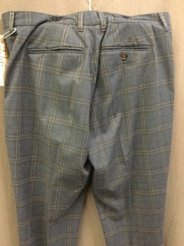 N/L, Dusty Blue, Olive Green, Polyester, Plaid, Flat Front, Zip Front, 4 Pockets, Button Tab,