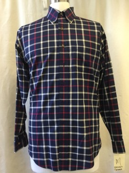 BROOKS BROTHERS, Navy Blue, Red, Beige, Cotton, Plaid-  Windowpane, Button Down Collar, Long Sleeves, 1 Pocket,