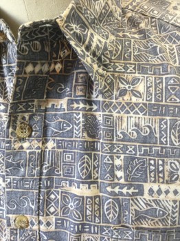 COOKE STREET, Slate Blue, Cream, Beige, Cotton, Novelty Pattern, Geometric, Geometric Funky Horizontal Stripes with Abstract Shapes, Leaves, Fish, Waves, Etc. on Wrong Side of Fabric, Short Sleeve Button Front, Collar Attached, 1 Patch Pocket, 1990's
