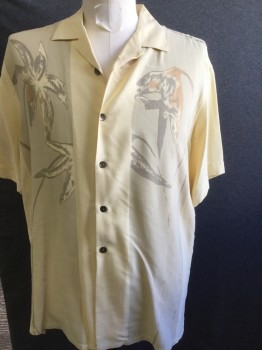 PARADISE, Yellow, Gray, Tan Brown, Silk, Tropical , Button Front, Collar Attached, Short Sleeves, Palm Trees Print